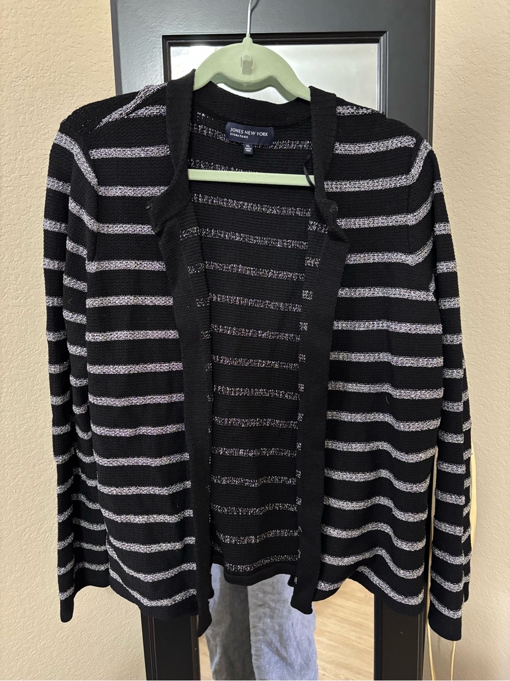 Jones New York Black Cardigan with Silver Metallic Stripes